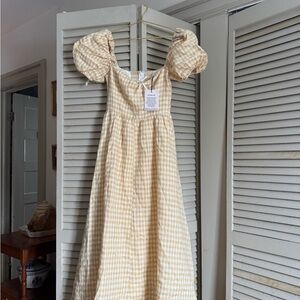 REFORMATION MARELLA LINEN PUFF-SLEEVE DRESS YELLOW GINGHAM